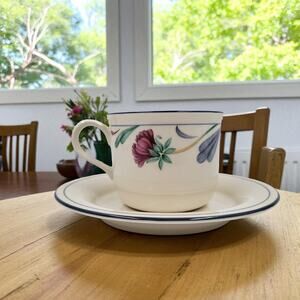 Lenox Chinastone Poppies on Blue Cup & Saucers Red Flowers & Blue Leaves